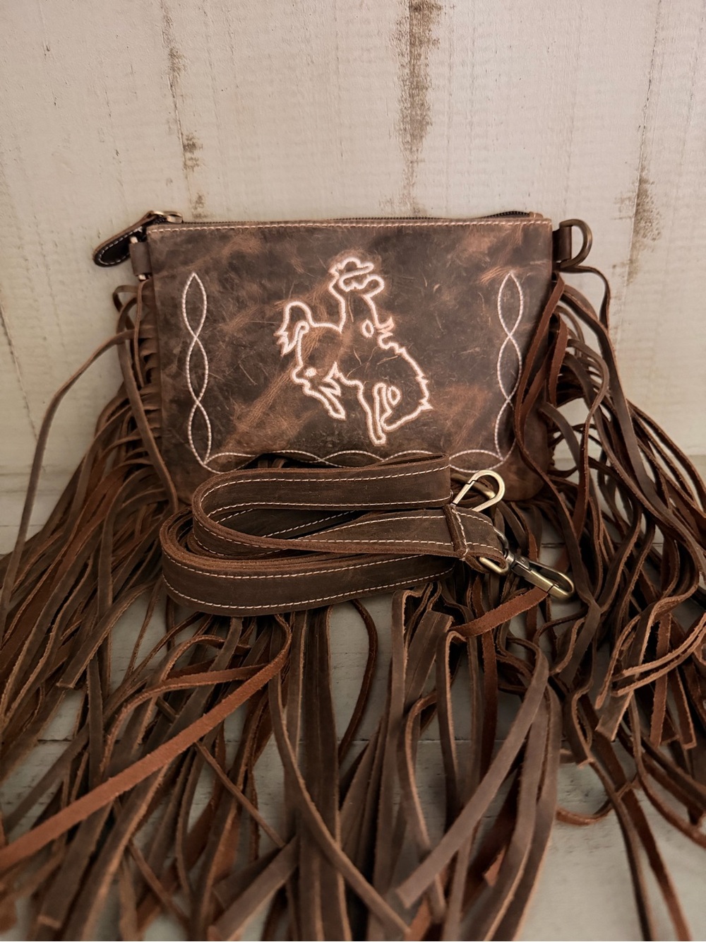 Small Brown Genuine Leather Fringe Crossbody Bag with Rodeo Embroidery